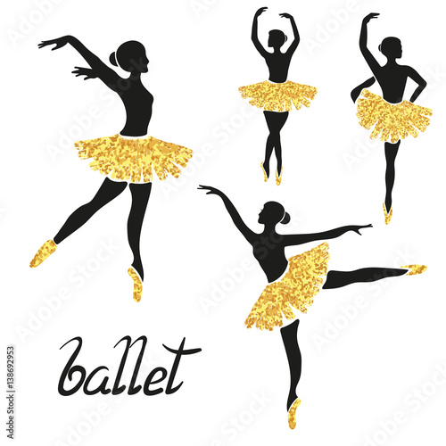 Set of of stylized ballerinas in black and golden colors. Vector poses of ballet.