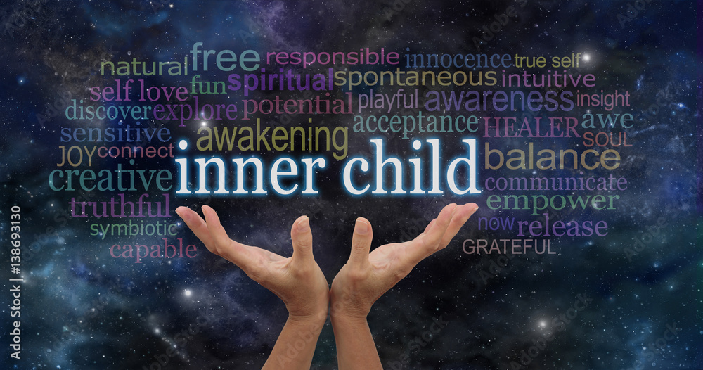 Foto Stock Embrace your Inner Child - female hands stretching up palms open  with the words INNER CHILD floating above surrounded by a relevant word  cloud on a dark blue starry night