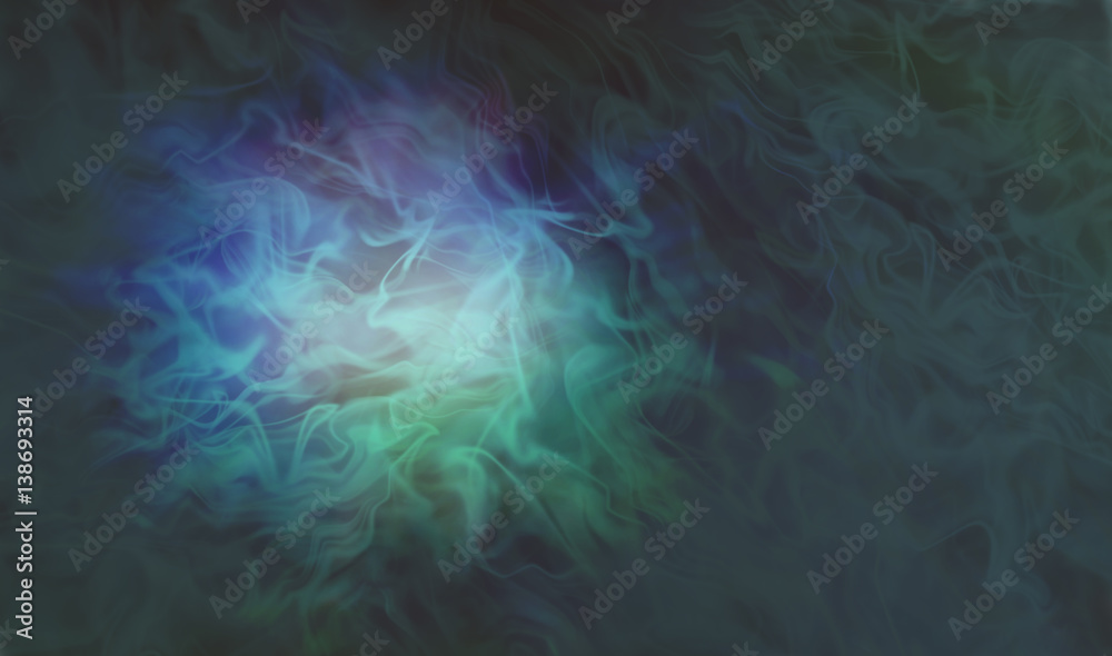 Obraz premium Darkness and Light blue green swirling smoke spotlight background - wide banner with a lit circle on left side showing a smoke effect vignette and copy space on right 