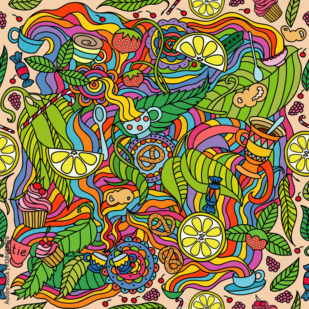 fantasy on the theme of tea .Cartoon vector  tea time seamless pattern. Sketchy background