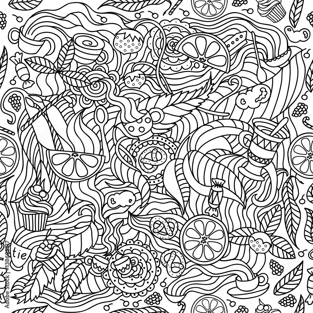 fantasy on the theme of tea. Cartoon vector tea time seamless pattern. Sketchy background fantasy on the theme of tea. Cartoon vector tea time seamless pattern. Sketchy background