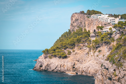 Cliffside Hotel complex at Port de Soller, Mallorca, Spain.