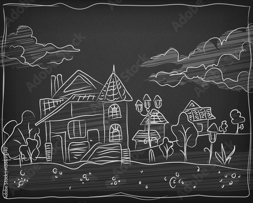 Child chalk hand drawing landscape on blackboard
