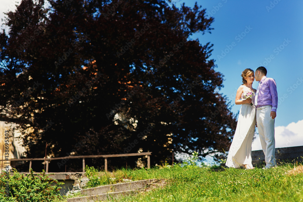 Look from below at wedding couple standing on the green hill before the bridge