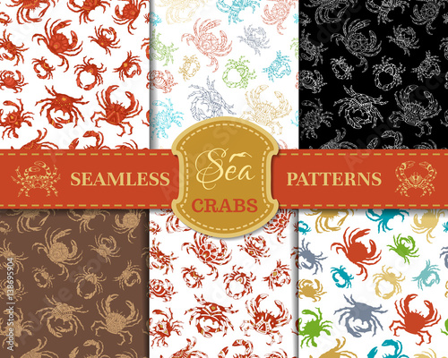 Vector set of seamless crabs patterns.