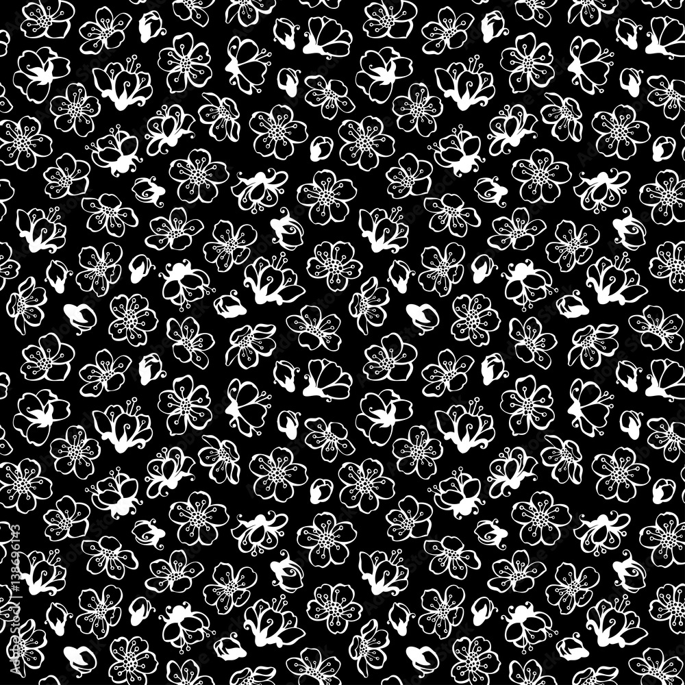 Fototapeta premium Vector chalk seamless pattern of spring flowers.