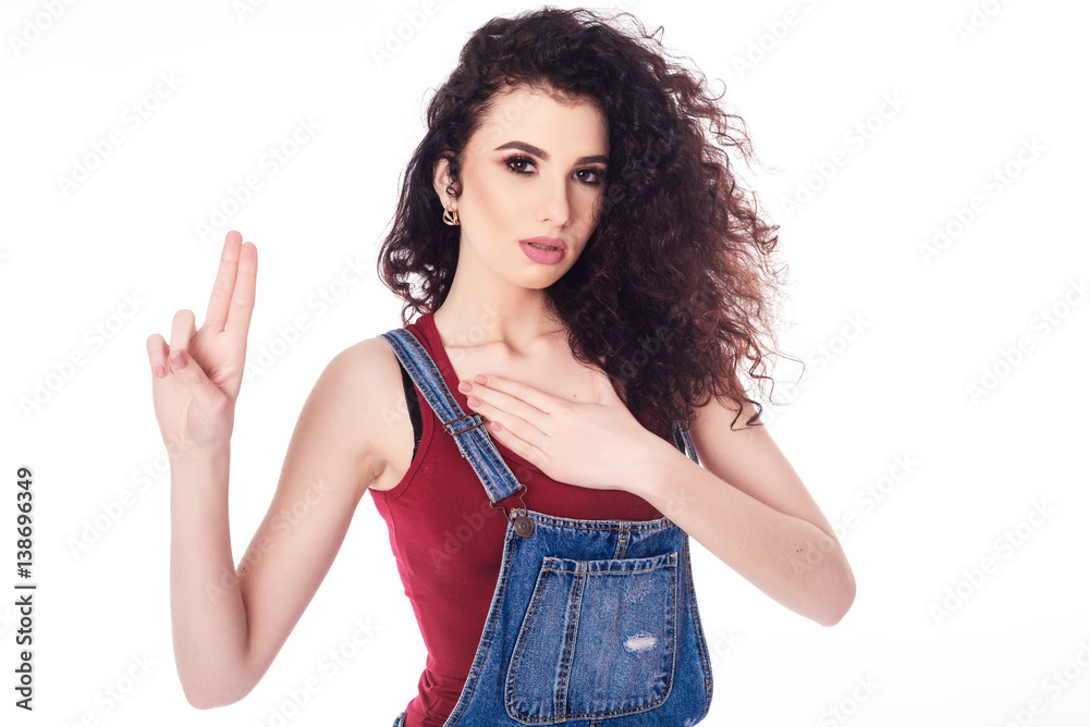 Young happy woman in glasses making a promise