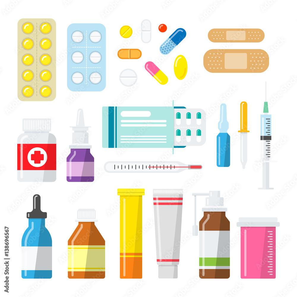 Medicine pills, tablets and bottles in a flat style