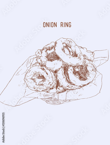 Onion rings on paper wrap in basket, Hand drawn Highly detail illutration vector.