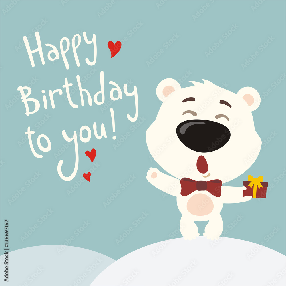 Happy birthday to you! Funny polar bear sings birthday song with gift in hand. Card with polar bear in cartoon style. Happy birthday to you! Funny polar bear sings birthday song with gift in hand. Card with polar bear in cartoon style.