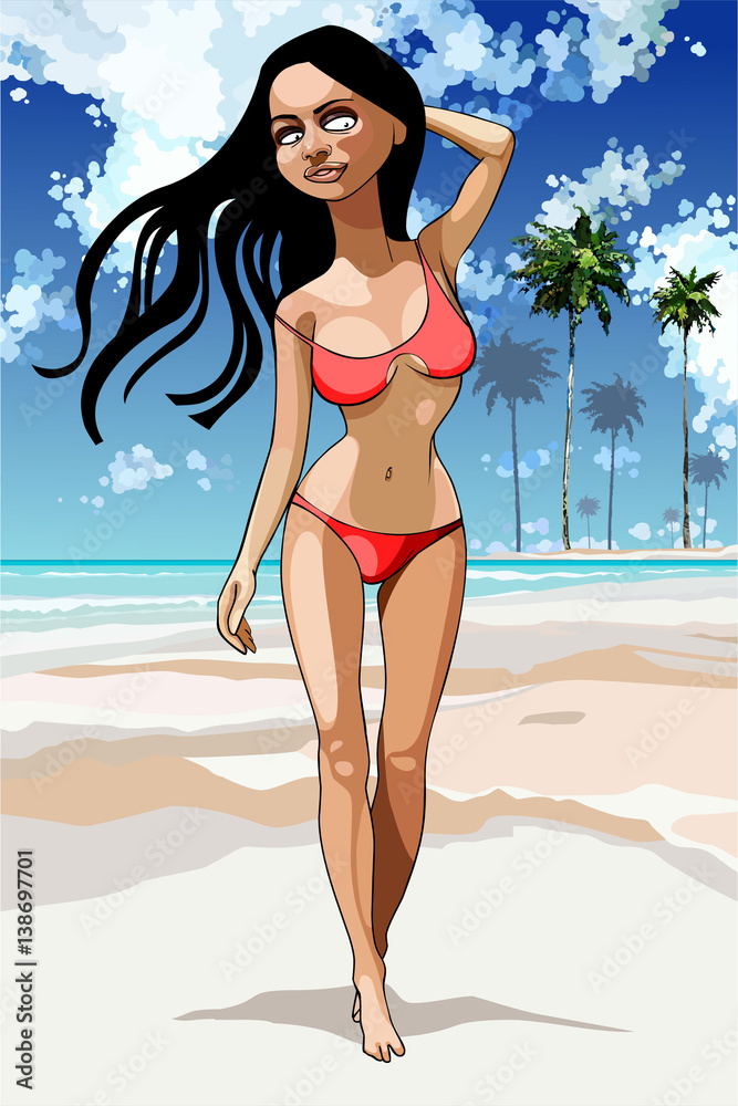 cartoon beautiful brunette girl in swimsuit on a tropical seashore