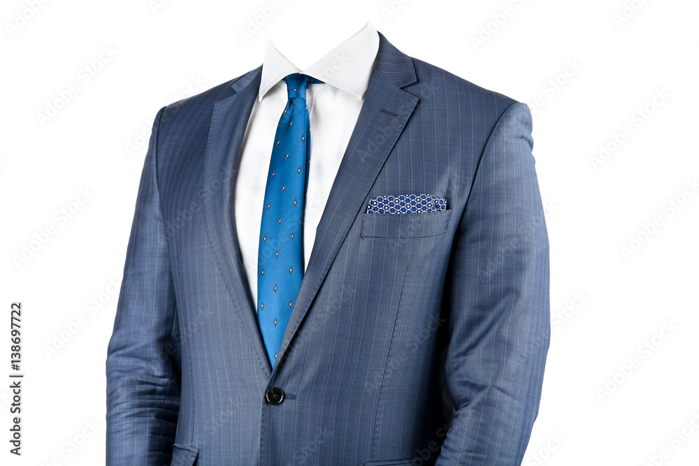Template of male portrait. Headless man dressed in dark striped classic suit with white shirt, colorful tie and shawl in the pocket. Isolated on the white background with clipping path. Template of male portrait. Headless man dressed in dark striped classic suit with white shirt, colorful tie and shawl in the pocket. Isolated on the white background with clipping path.