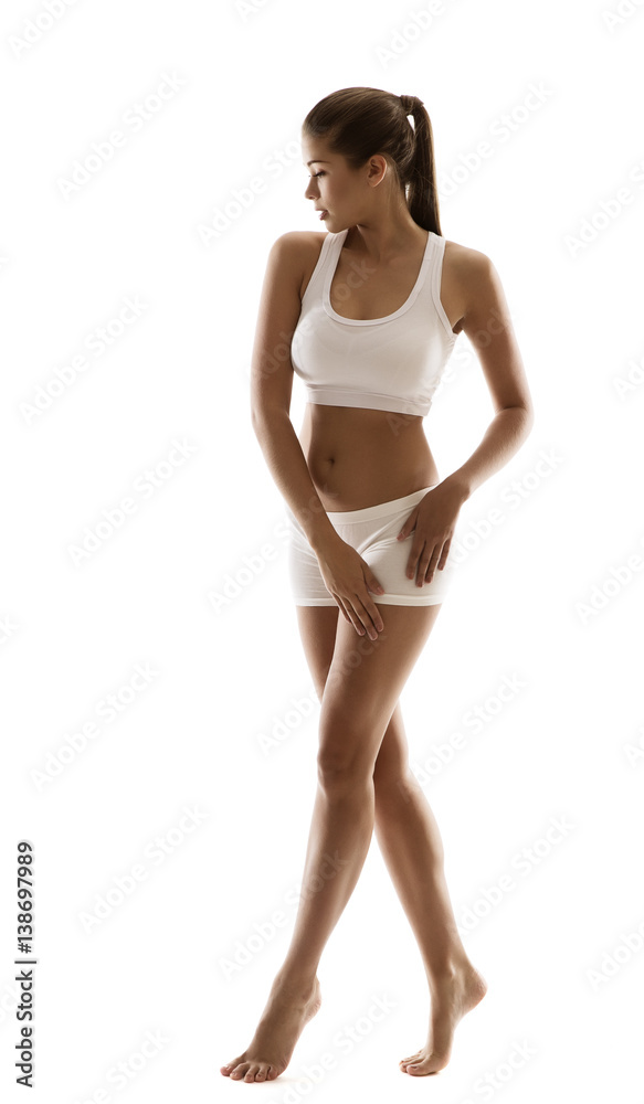 Woman Body Beauty In Sport White Underwear, Slim Young Girl