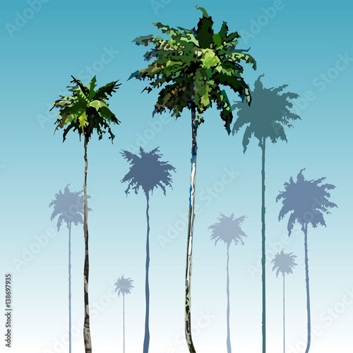 painted tall coconut palm trees on blue sky background