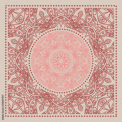 Red Bandana. Marsala trendy color. Vector ornamental tile pattern with border and frame