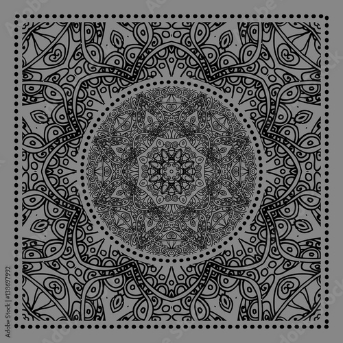 Black Bandana Print. Vector ornamental tile pattern with border and frame