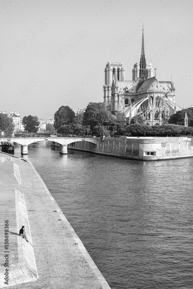Notre Dame de Paris in the summer morning in black and white. Paris, France