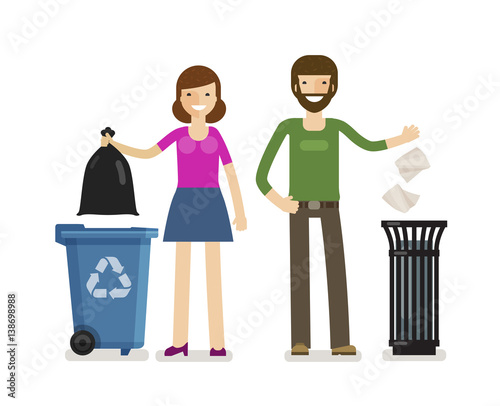 Man, woman throws garbage in trash can. Ecology, rubbish removal vector illustration