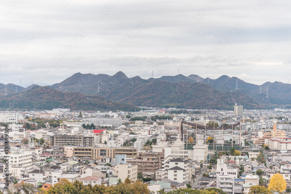 Aerial View of Himeji residence downtown from Himeji castle in Hyogo, Kansai, Japan.