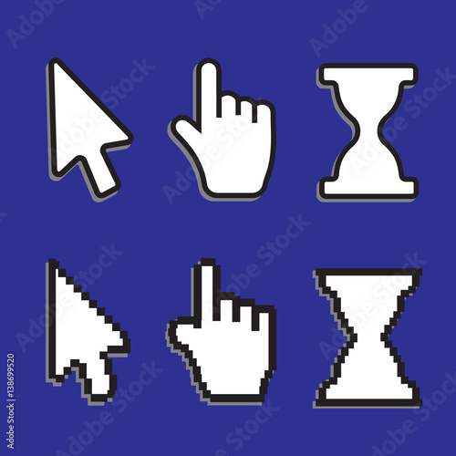 Hand cursor signs, arrow pointer symbols and click icons