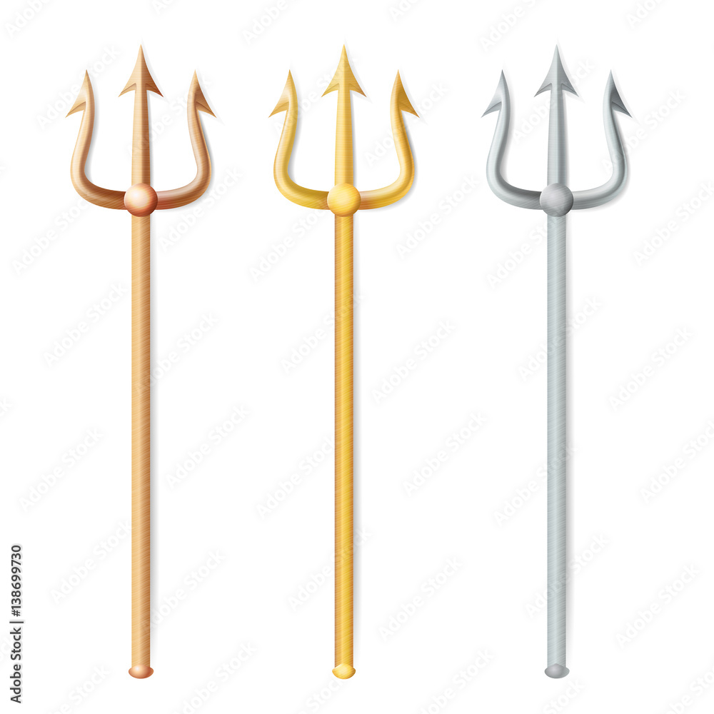Neptune Trident Vector. Realistic 3D Silhouette Of Neptune Or Poseidon Weapon. Pitchfork Sharp