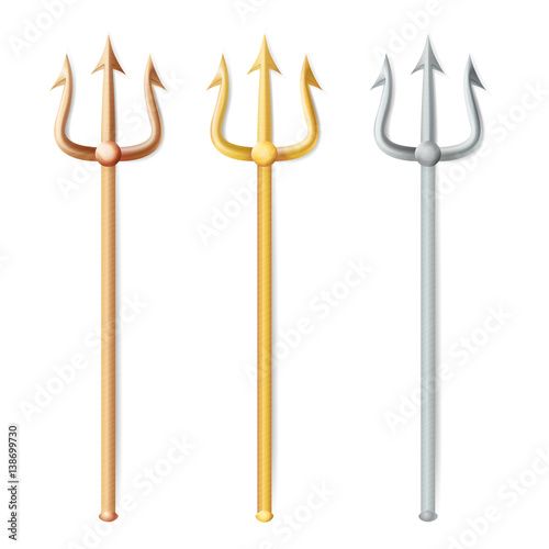 Neptune Trident Vector. Realistic 3D Silhouette Of Neptune Or Poseidon Weapon. Pitchfork Sharp Fork Object. Isolated On White Background.