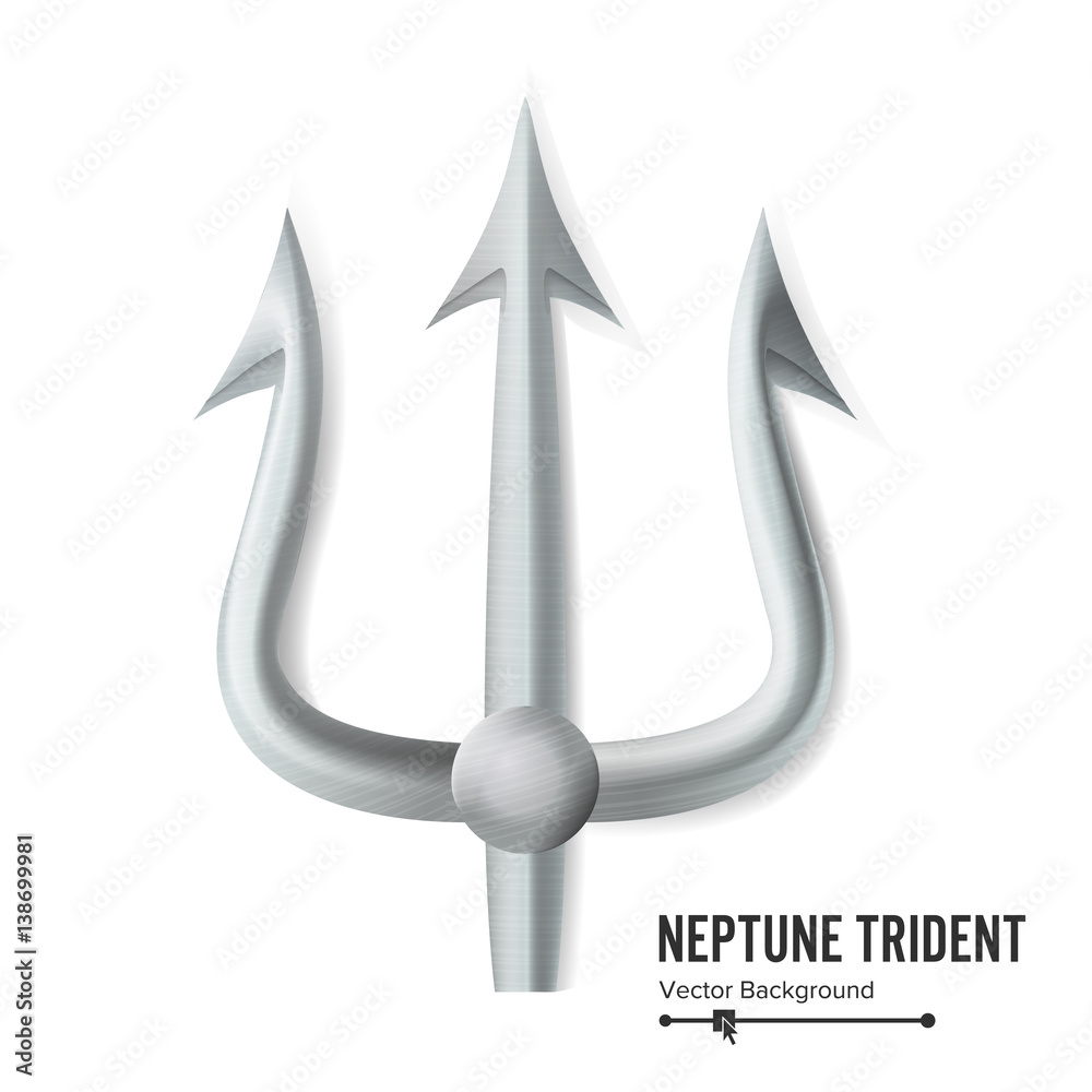 Neptune Trident Vector. Silver Realistic 3D Silhouette Of Neptune Or Poseidon Weapon. Pitchfork