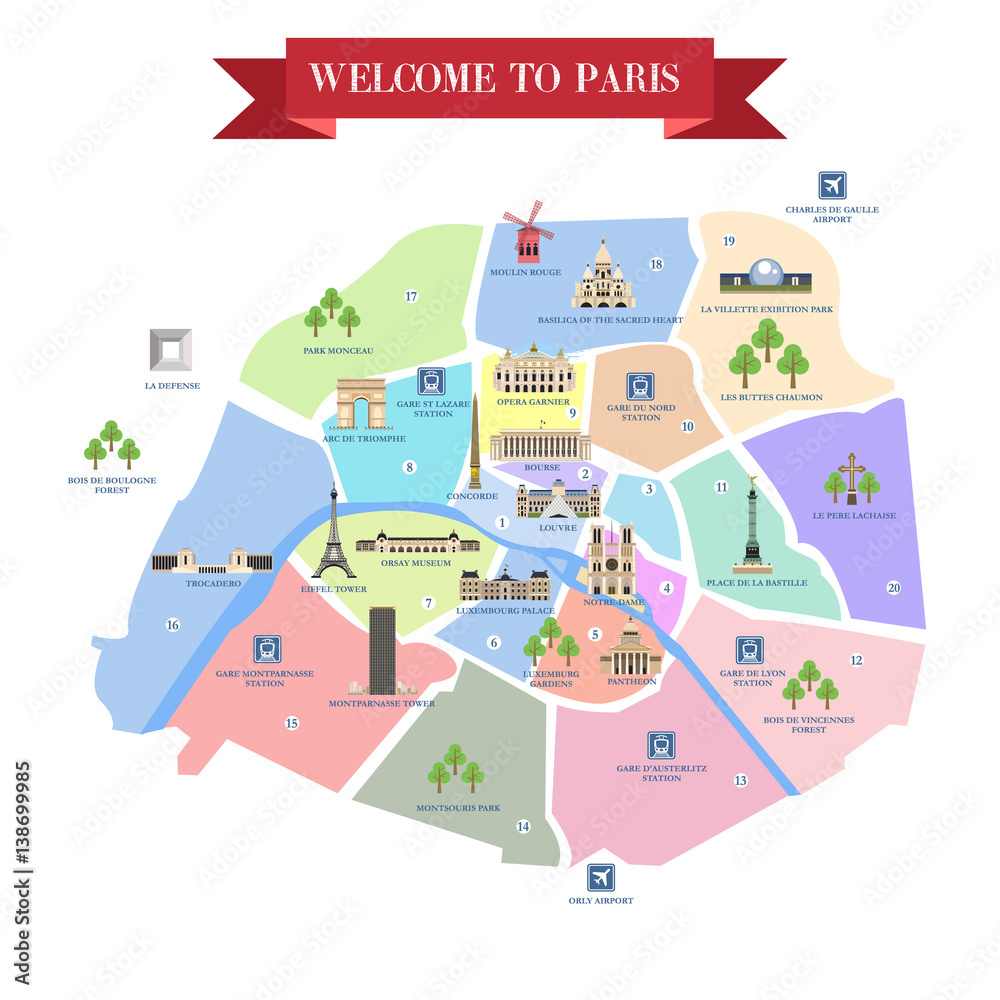 Fototapeta premium Detailed map of Paris attractions.