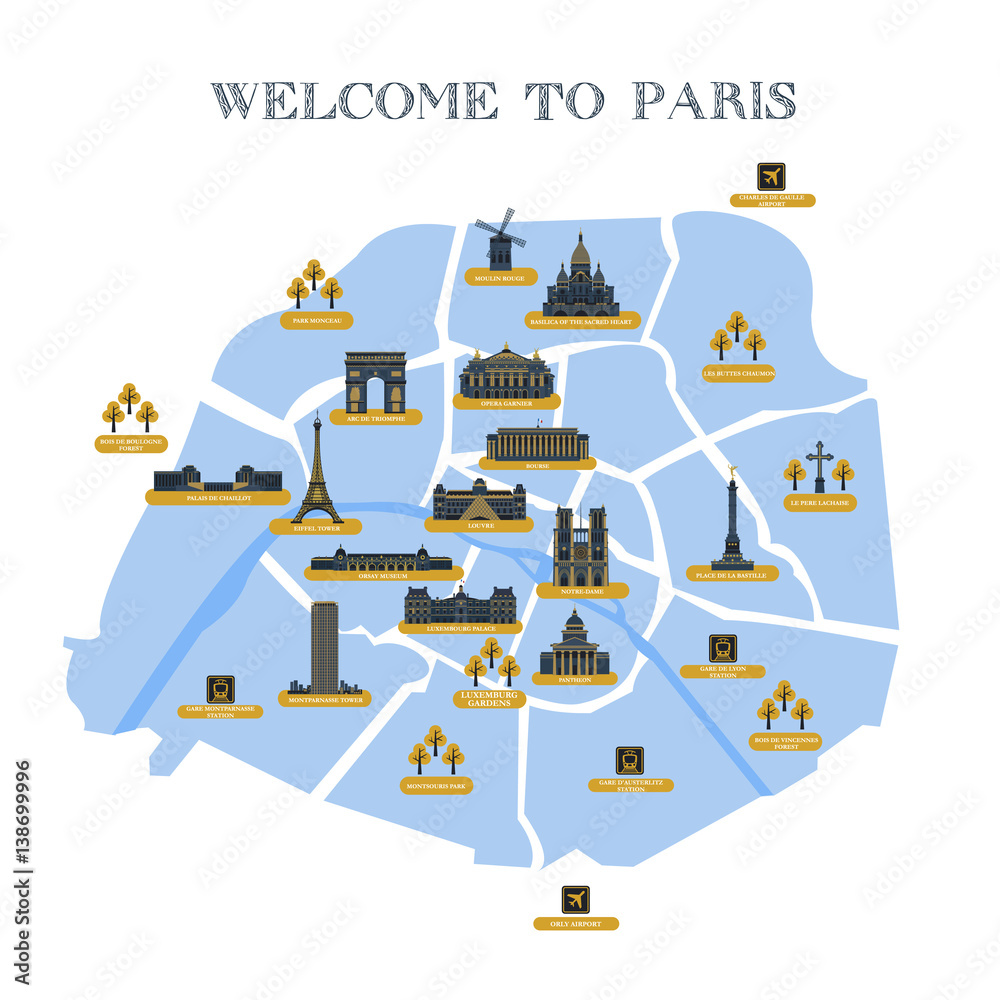 Obraz premium Detailed vector map of the city of Paris with pictograms attractions.