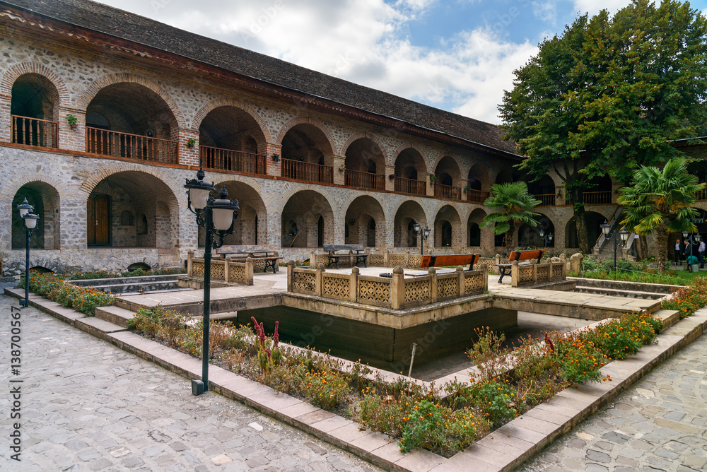 View of the inner courtyard of Upper caravanserai in Sheki. Azerbaijan