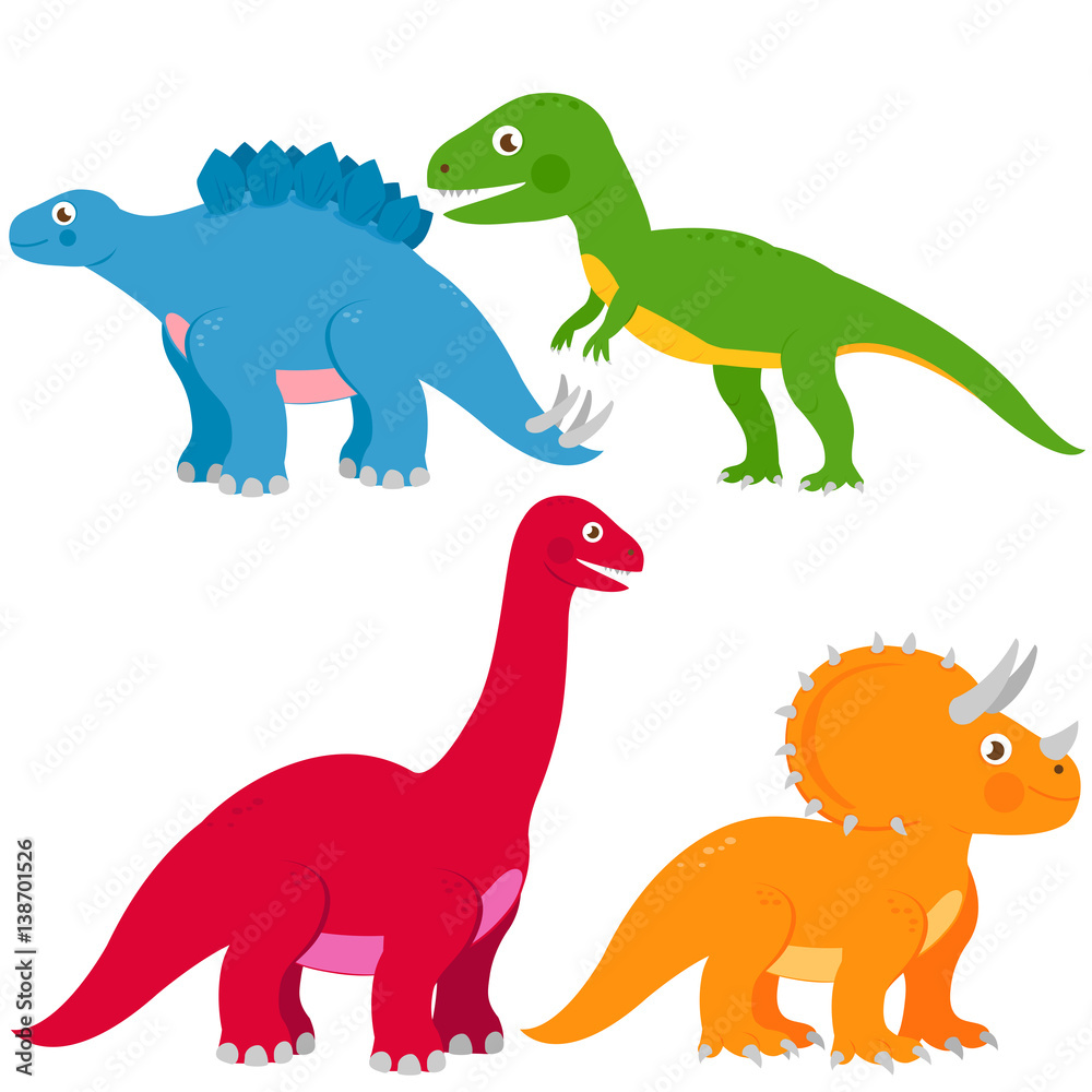 Collection of dinosaurs. Stegosaurus, Brontosaurus, apatosaurus, triceratops and tyrannosaurus. Vector illustration set
