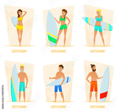 Set of surfer girls and men with surf boards on the beach. Vector illustration of cartoon women and guys in swimwear. Concept of summer vacation on the sea.