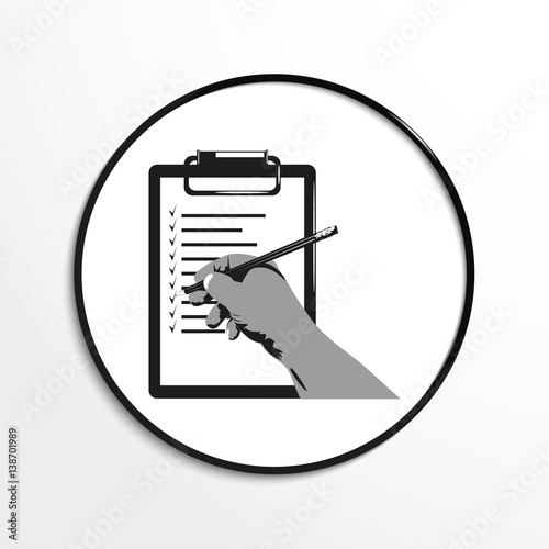List of tasks and hand with a pencil. Conditional symbol. Vector icon.
