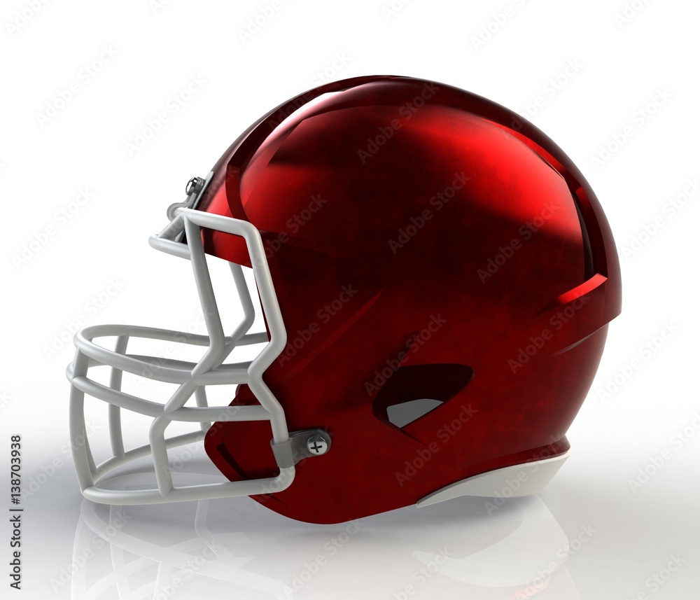 Fototapeta premium Red brushed galvanized american football helmet side view on a white background with detailed clipping path, 3D rendering