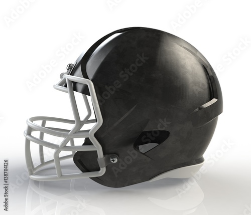 Black brushed galvanized american football helmet side view on a white background with detailed clipping path, 3D rendering