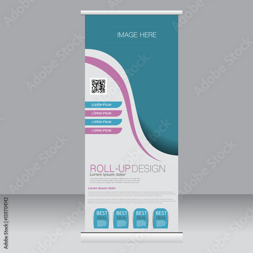 Roll up banner stand template. Abstract background for design,  business, education, advertisement. Pink and blue color. Vector  illustration.