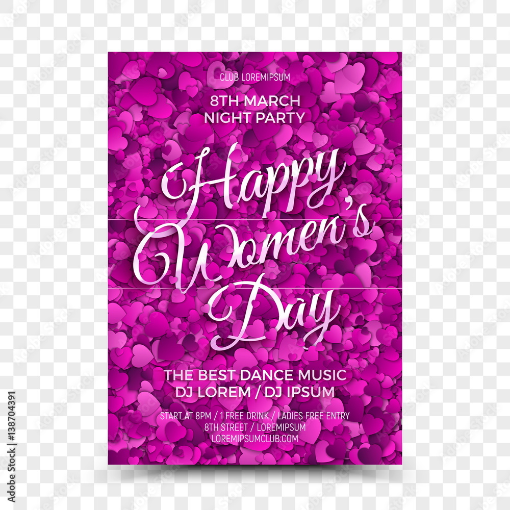 Happy Women's Day Vector Flyer Design Template with 3D Calligraphic Text and Heart Shapes in Retro and Vintage Style on Transparent Background. Illustration for Celebration 8th March in Night Club Happy Women's Day Vector Flyer Design Template with 3D Calligraphic Text and Heart Shapes in Retro and Vintage Style on Transparent Background. Illustration for Celebration 8th March in Night Club