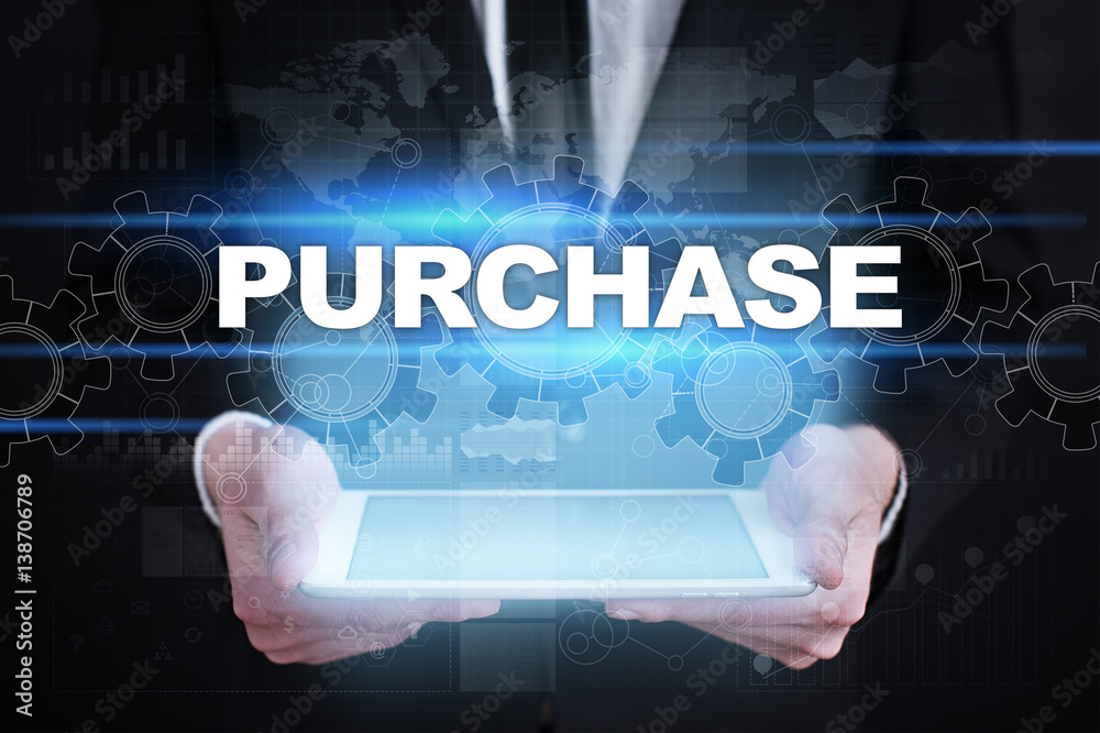 Businessman holding tablet PC with purchase concept.