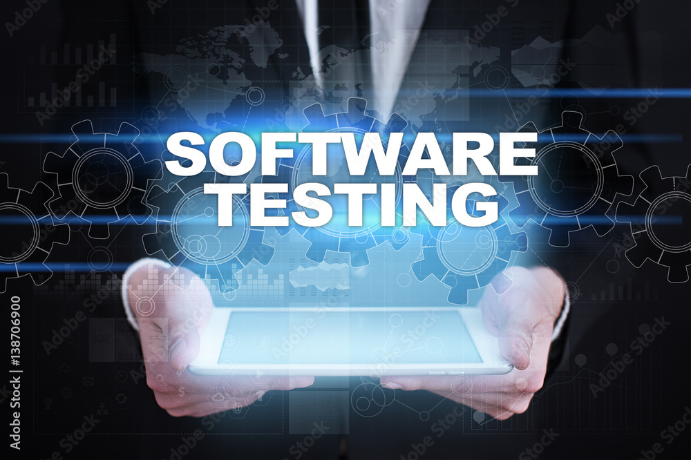 Businessman holding tablet PC with software testing concept. Businessman holding tablet PC with software testing concept.