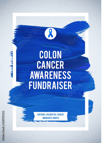 COLORECTAL Cancer Awareness Creative Grey and Blue Poster. Brush Stroke and Silk Ribbon Symbol. World Colon Cancer Awareness Month Banner. Blue stroke and text. Medical Design