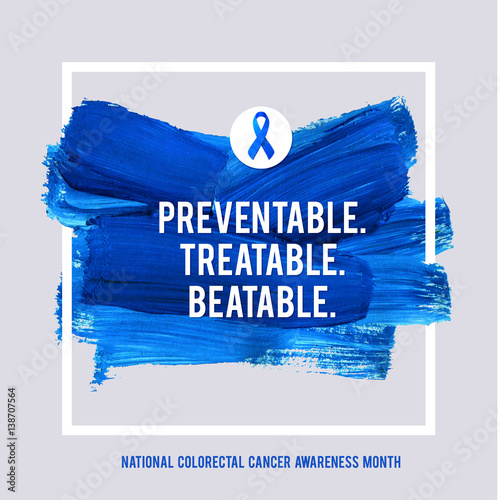 CLORECTAL Cancer Awareness Creative Grey and Blue Poster. Brush Stroke and Silk Ribbon Symbol. National Colon Cancer Awareness Month Banner. Brush Stroke and Text. Medical Square Design