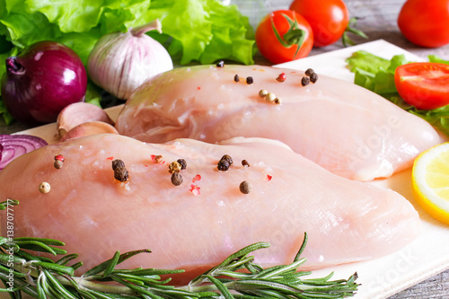Raw chicken breast fillets on a plate ready for cooking