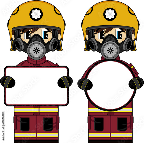 Cute Cartoon UK Fireman with Sign