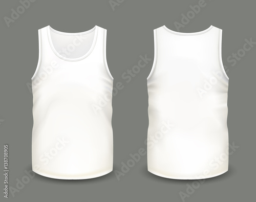 Men's white sleeveless tank in front and back views. Vector illustration with realistic male shirt template. Fully editable handmade mesh. 3d singlet used as mock up for prints or logo design. photo