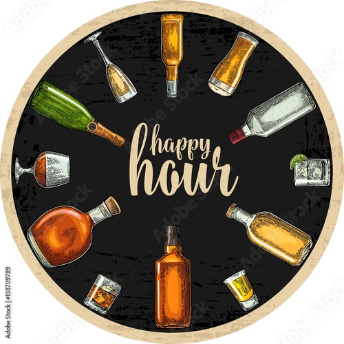Coaster with bottle and glass with beer, whiskey, tequila, cognac, rum.