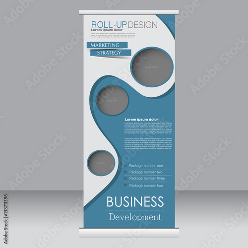 Roll up banner stand template. Abstract background for design,  business, education, advertisement. Blue color. Vector  illustration.