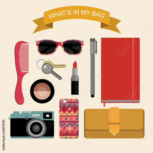 Vector flat image content of woman's bag with comb, purse, cosmetic, keys, liner etc. Illustration What is inside my bag