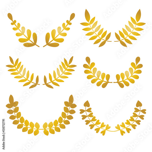 Vector set of golden design floral laurels isolated on white background.