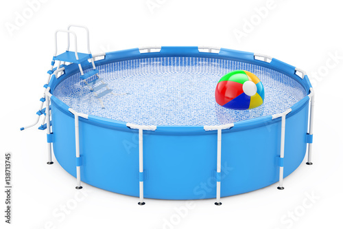 Blue Portable Outdoor Round Swimming Water Pool with Ladder and Beach Ball. 3d Rendering photo