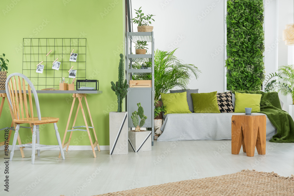 Green home interior with sofa - obrazy, fototapety, plakaty 